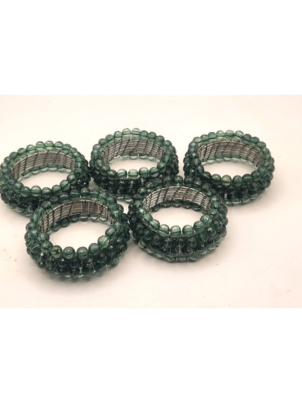 five Pier 1 Green Glass Beaded Napkin Rings